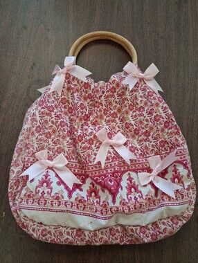 Kashmere Floral Tote Bag Pink White Cotton Wooden Handles Cottagecore Purse